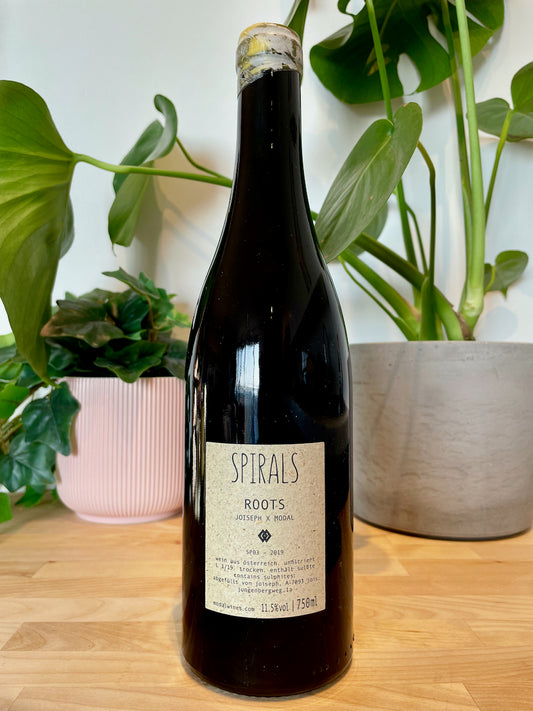 Back label of Spirals Roots natural wine bottle